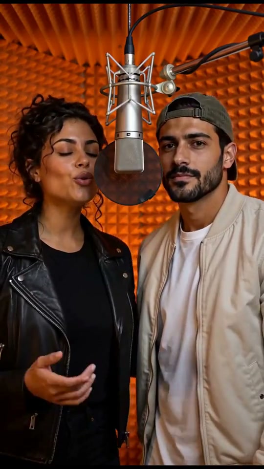 Two performers beside a microphone in an orange recording booth