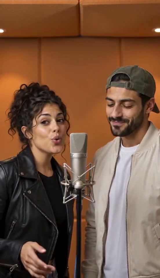 Two performers sharing a microphone in a warm orange studio