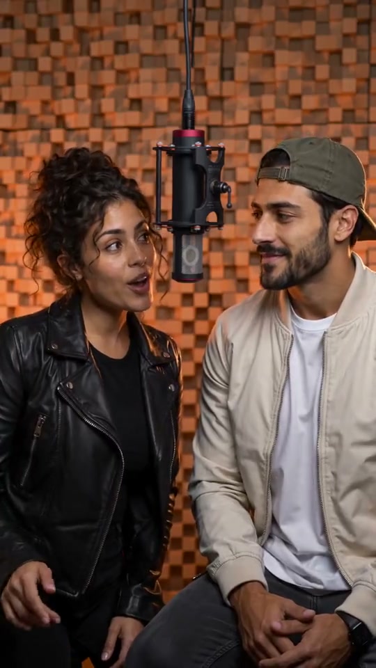 A woman and a man beside a suspended microphone in a wood-lined studio