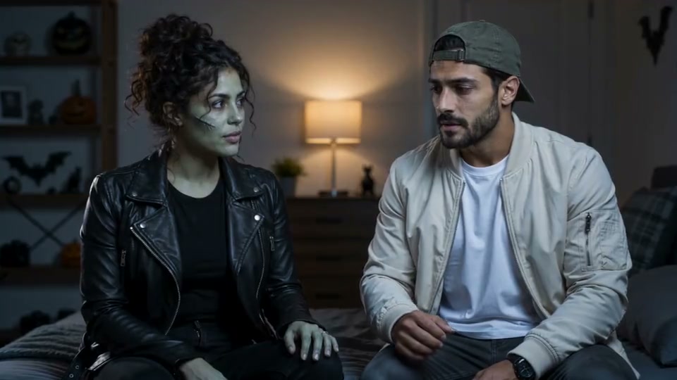Two people sitting in a dim room with a lit table lamp